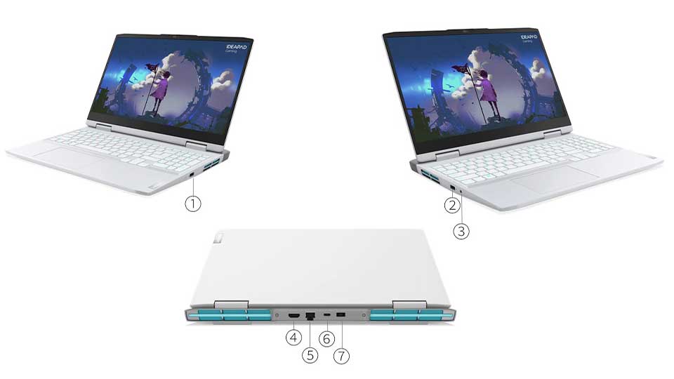 پورت‌های لپ‌تاپ گیمینگ 15.6 اینچ لنوو سفید مدل Lenovo IdeaPad Gaming 3 15IAH7 Core i7